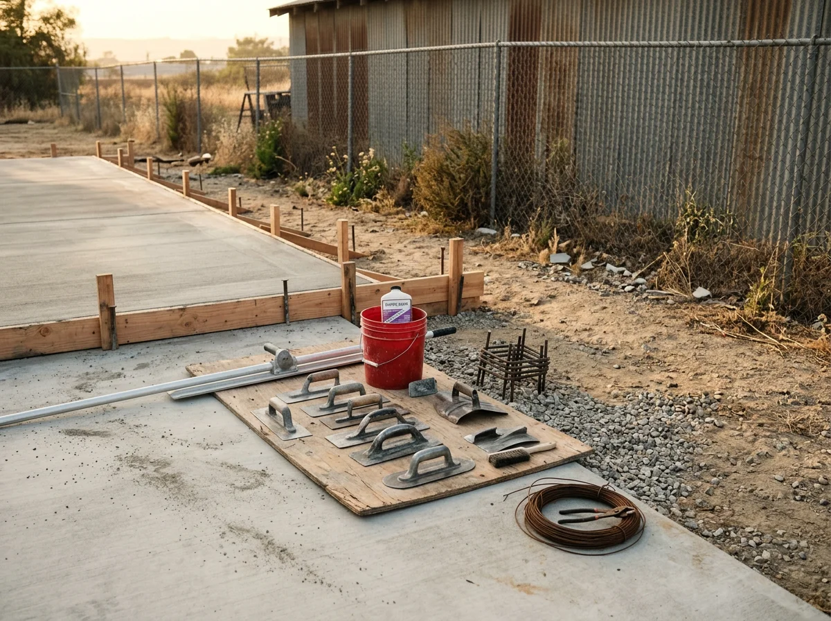 Concrete work area with finishing tools and forms ready for a pour. The scene shows the equipment used for flatwork and decorative concrete projects.