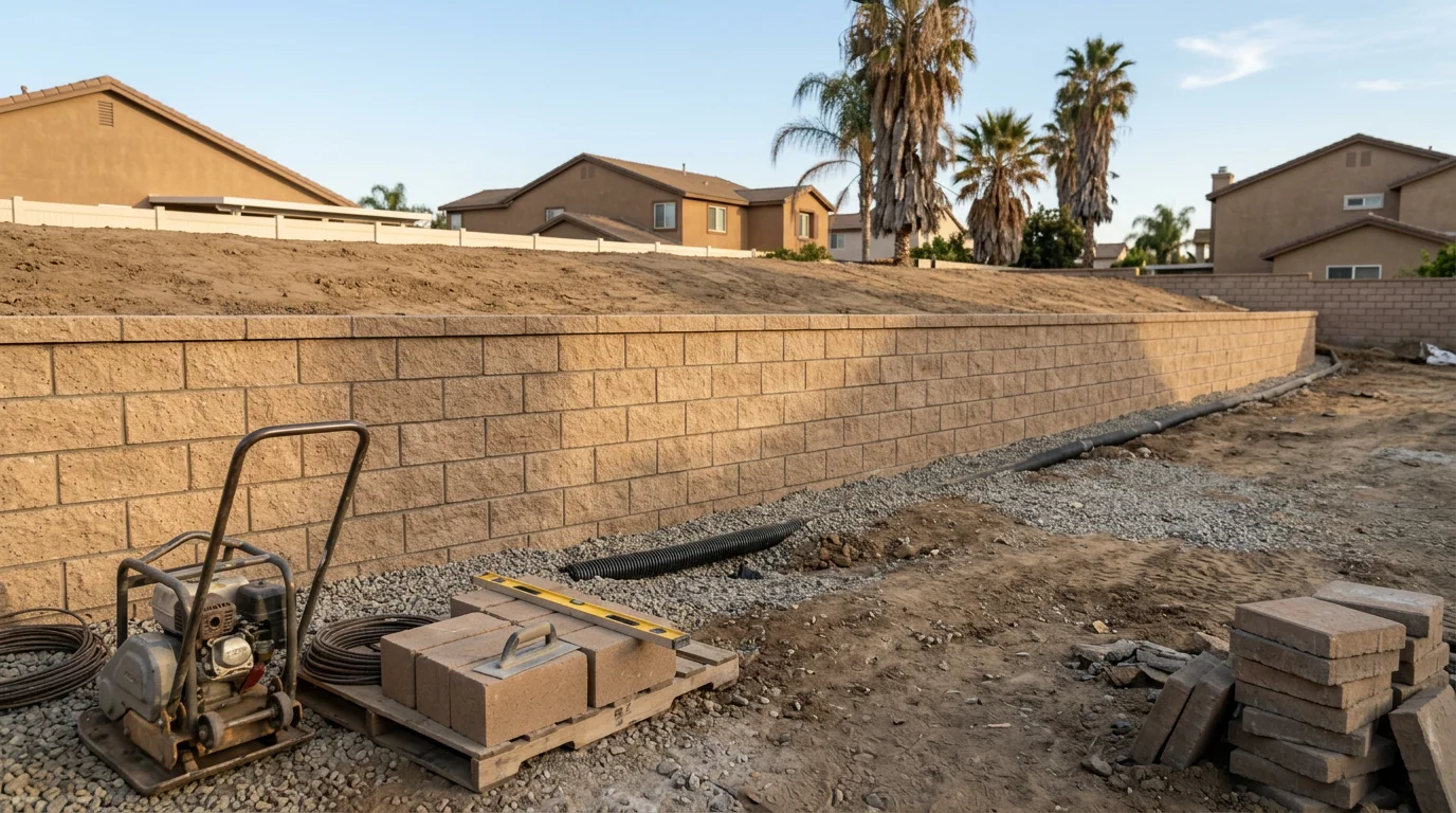 Concrete block retaining wall built by Procrete Concrete in Chino Hills, California