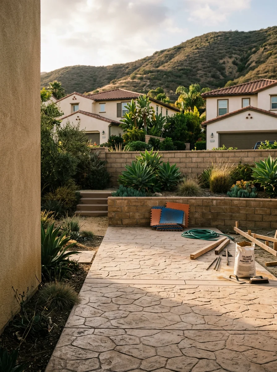 Stamped concrete patio with a stone pattern on a tiered backyard in a Chino Hills subdivision, surrounded by Spanish-style architecture.