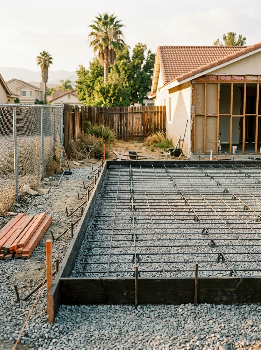 Concrete foundation slab for a residential addition in an Inland Empire neighborhood, showing compacted gravel base and steel reinforcement grid.