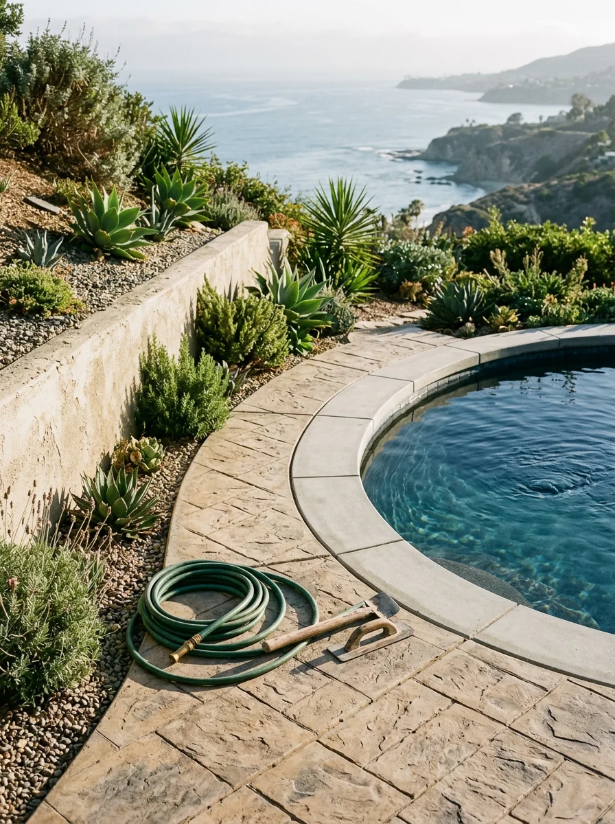 Stamped concrete pool deck on a hillside Laguna Beach property with an ocean view, showing a slip-resistant textured finish and concrete pool coping along the pool edge.