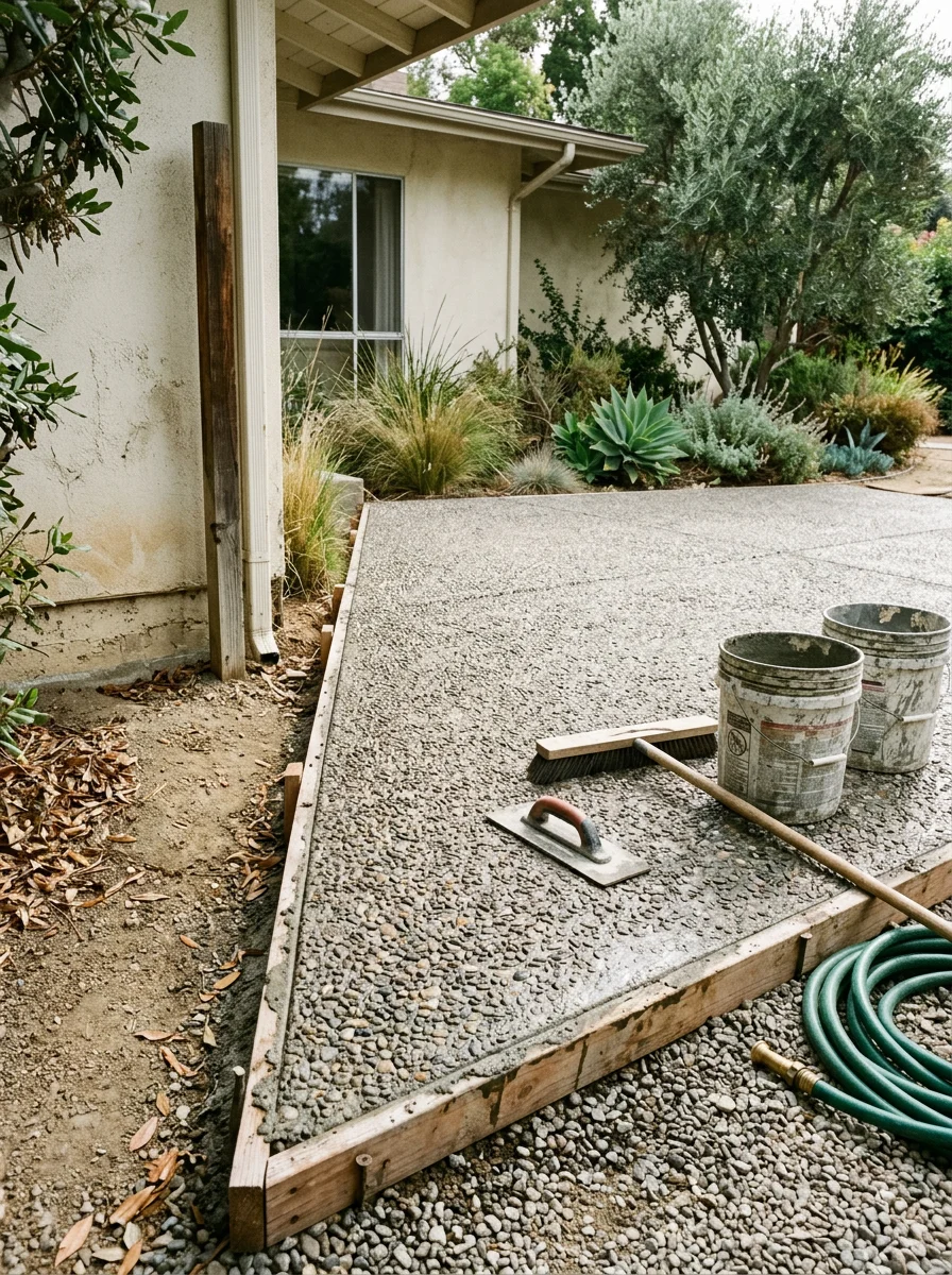 Close-up of a new concrete patio slab in a Montclair backyard, showing a textured exposed aggregate finish on a midcentury residential lot.