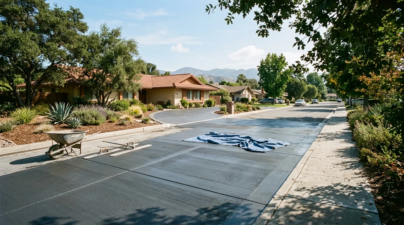Freshly poured concrete driveway on a ranch-style single-family home in Montclair, California, with a smooth broom finish and clean expansion joints.