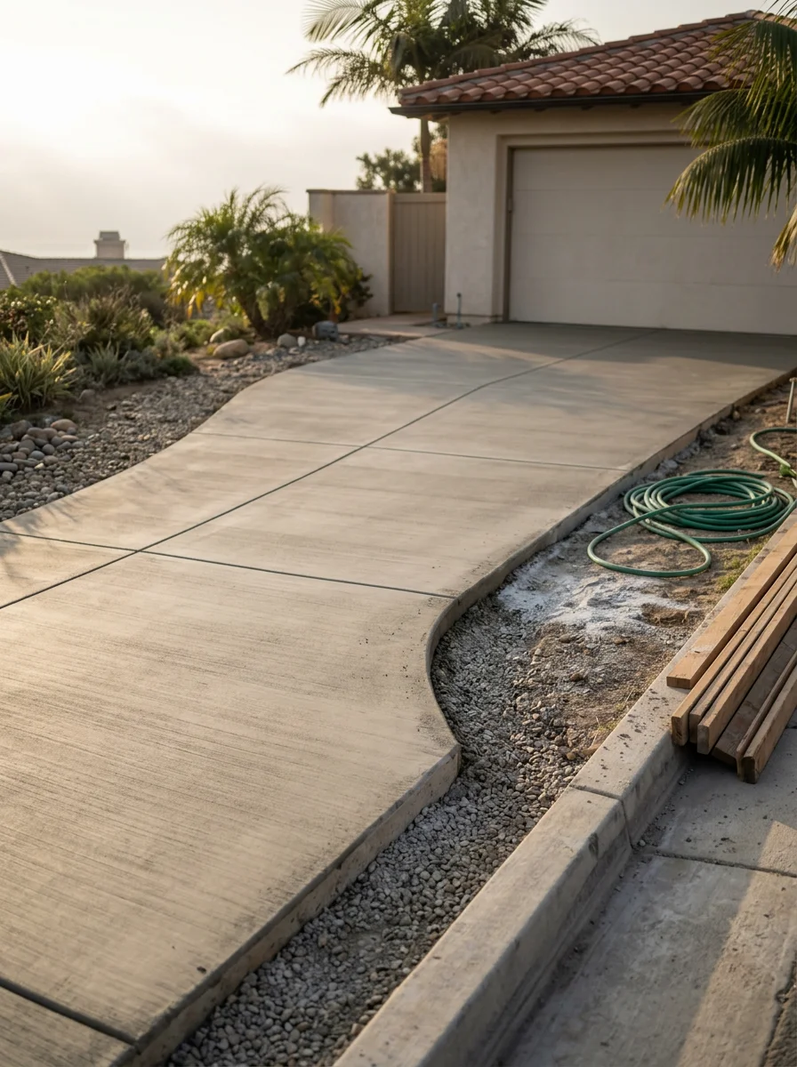 New concrete driveway on a residential property in Newport Beach, California, showing a smooth broom finish on a coastal lot with a crushed gravel subbase.