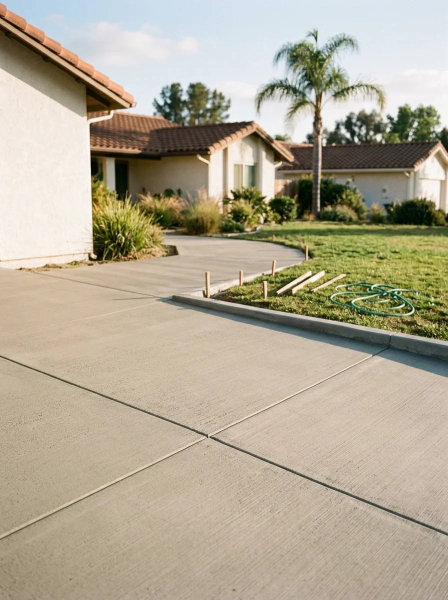 New concrete driveway installation on a ranch-style home in inland Orange County, showing a broom finish and expansion joints on a wide residential lot.