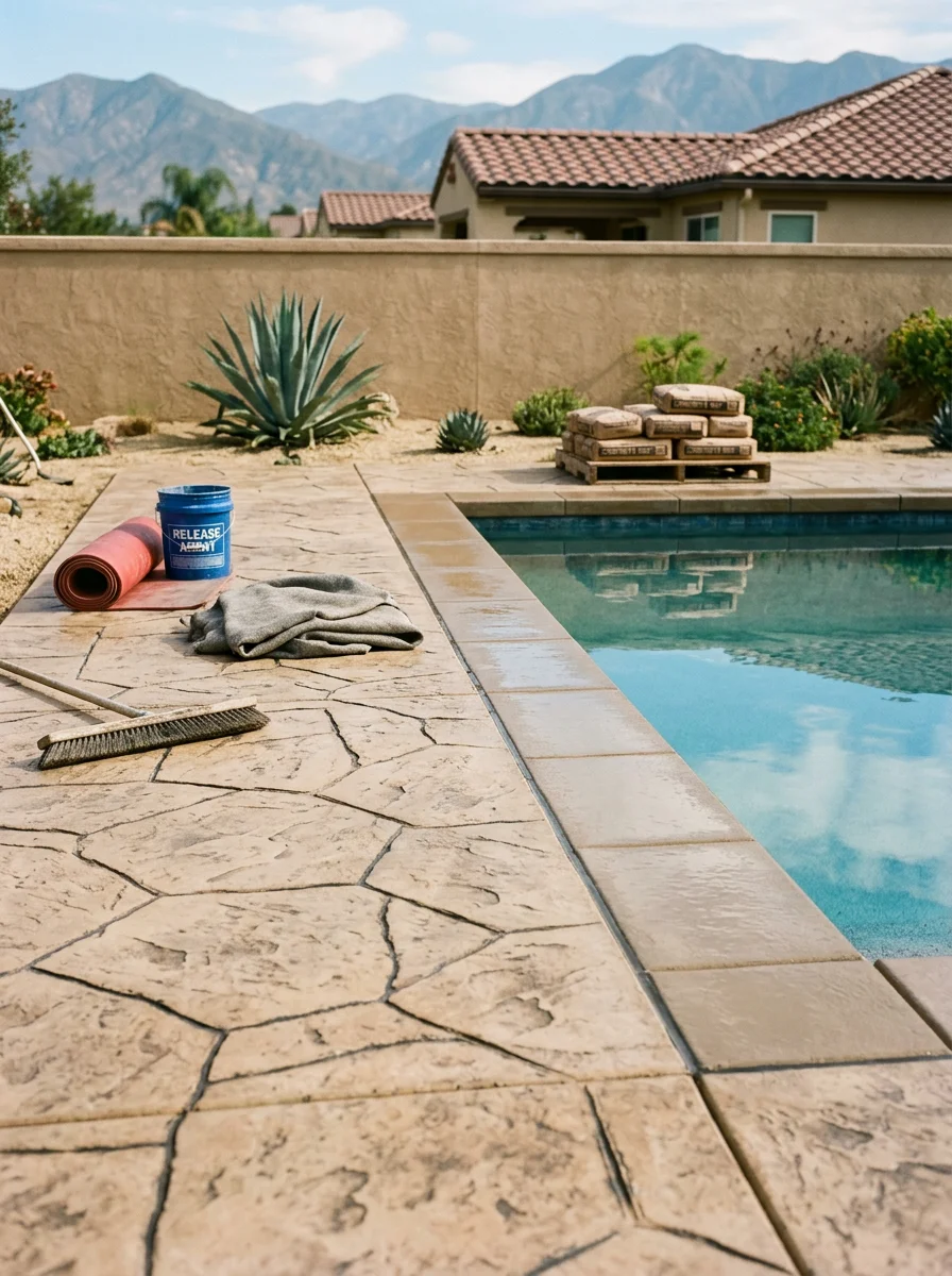Stamped concrete pool deck and coping installation in a Rancho Cucamonga backyard, showing a textured stone pattern around a residential swimming pool.