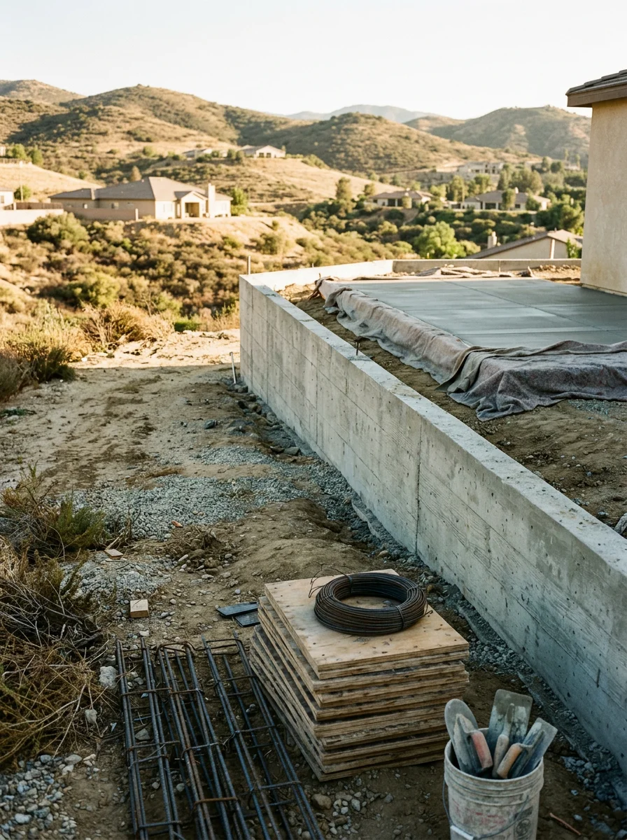 Concrete retaining wall and patio slab on a sloped residential lot in Riverside's Canyon Crest neighborhood, showing reinforced concrete construction on hilly terrain.