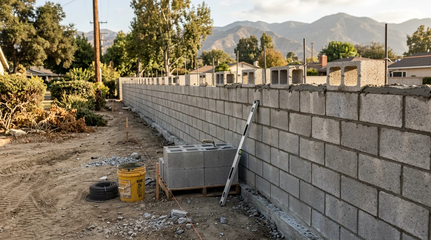 A finished concrete masonry unit block wall with a flat cap running along a residential property line in Montclair, California. The wall shows clean mortar joints, a stucco-ready face, and a poured concrete footing visible at the base.