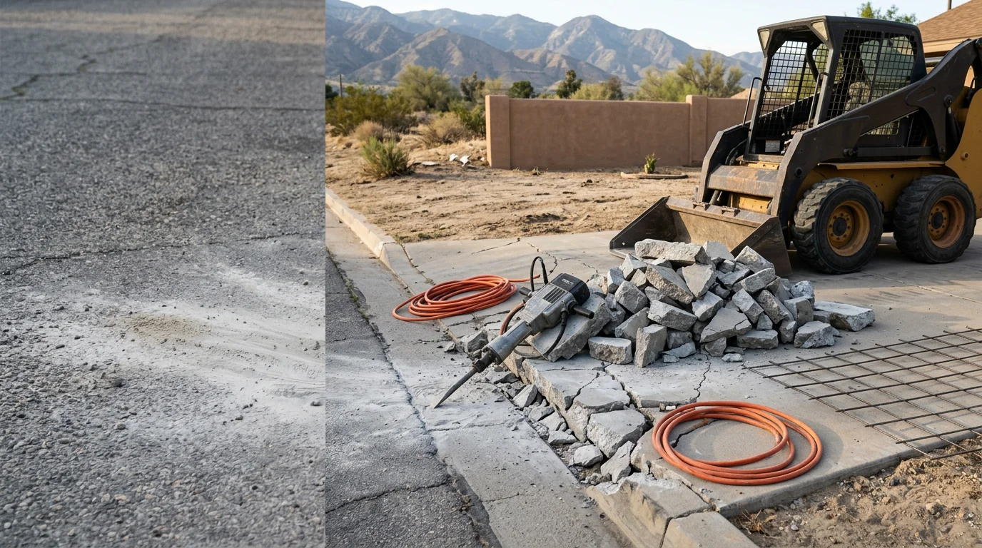 A concrete driveway slab broken into sections and staged for removal at a residential property in Montclair, California. Debris is contained to the work area with the surrounding yard and curb visible in the background.