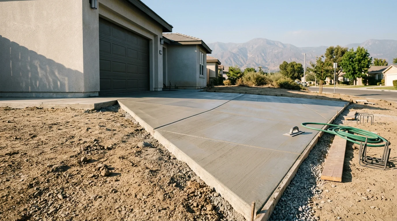 Freshly installed concrete driveway at a residential property in Montclair, California, showing a smooth gray surface leading to a two-car garage. The driveway is set against a typical Inland Empire single-family home with a clear view of the finished slab edge and surrounding landscaping.