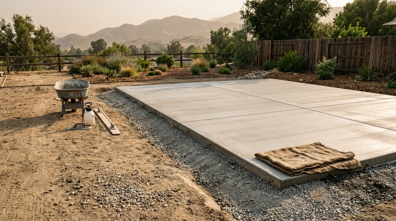 A freshly poured concrete pad with clean edges and visible expansion joints at a residential property in Montclair, California. The surrounding yard shows compacted subgrade and proper grading sloping away from the slab surface.