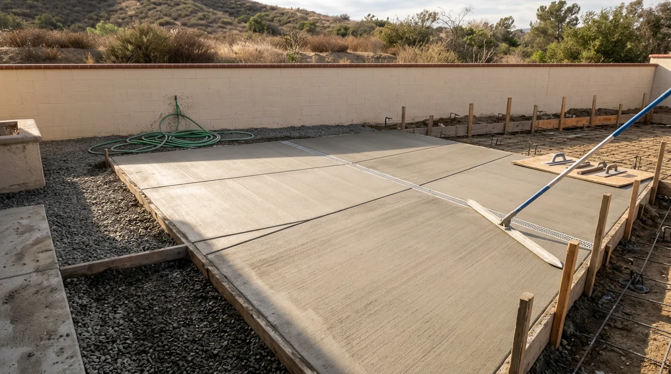 A freshly poured concrete patio in a Montclair, California backyard, showing a smooth, level surface ready for outdoor furniture. The patio extends from the rear of a single-family home with a clear view of the surrounding Inland Empire neighborhood.