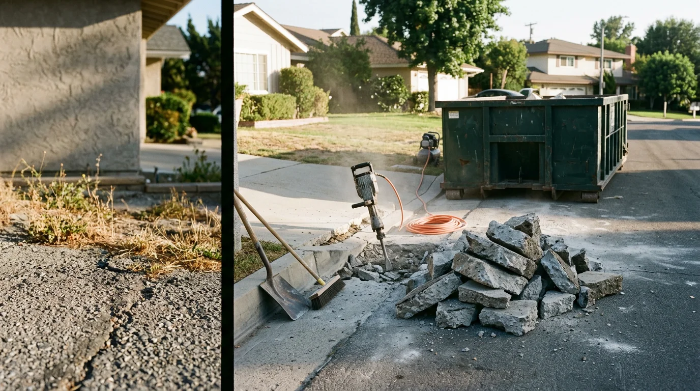 Concrete removal in progress at a Montclair, California residential property, showing a broken driveway slab being cleared with debris loaded for hauling. Procrete Concrete INC crew working on slab demolition and removal in the Inland Empire.