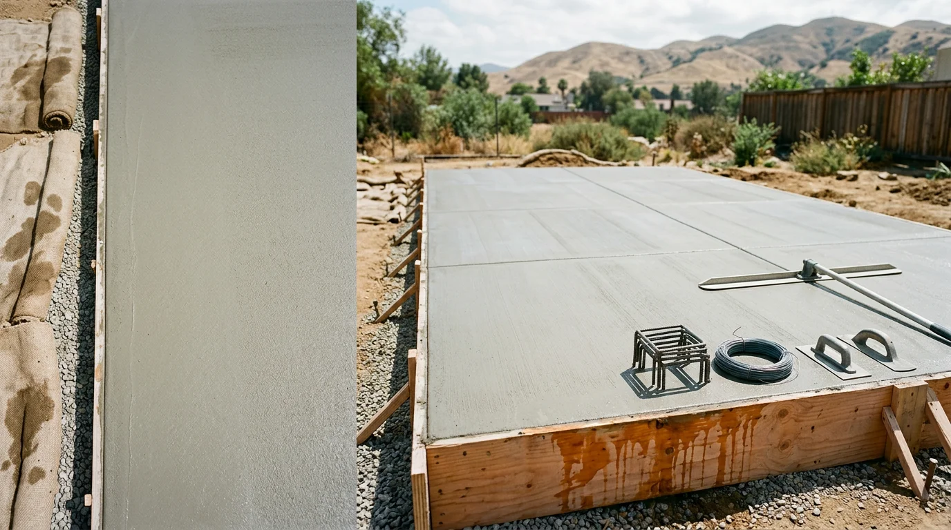 A freshly poured and finished concrete slab on a residential property in Montclair, California, showing a smooth broom-finish surface with visible control joints. The slab serves as the structural base for a new garage floor in the Inland Empire.