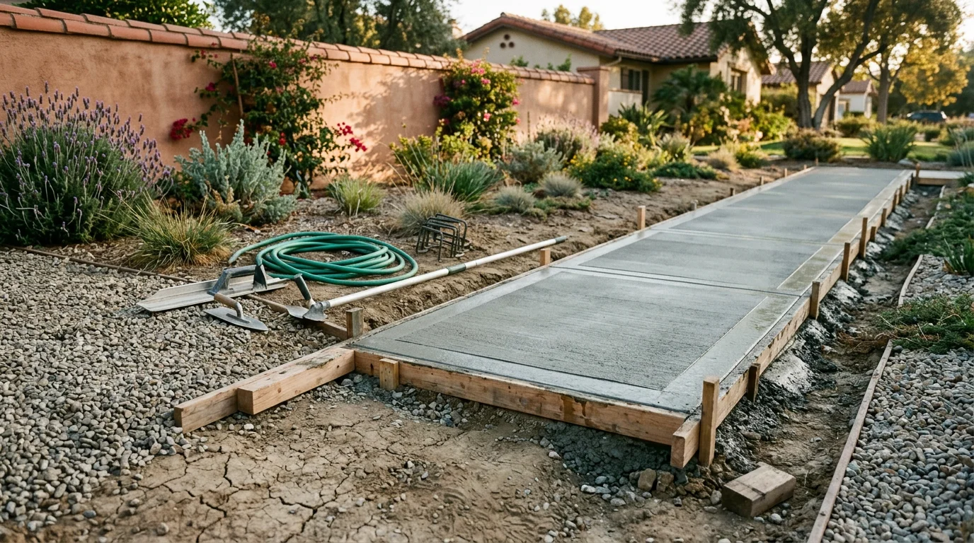 Freshly installed concrete walkway leading to the front entry of a residential home in Montclair, California, with a broom-finished surface and clean formed edges. The surrounding yard shows the dry, sun-exposed conditions typical of Inland Empire properties.