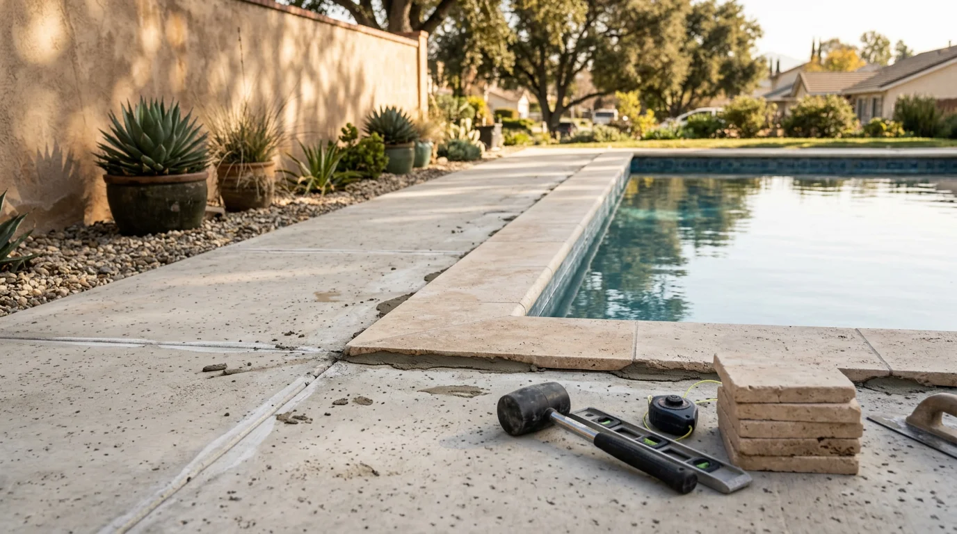 Newly installed travertine pool coping with a bullnose edge running along the perimeter of a residential pool in Montclair, California. The light-colored stone sits flush against the pool shell with finished mortar joints and a clean transition to the surrounding concrete deck.