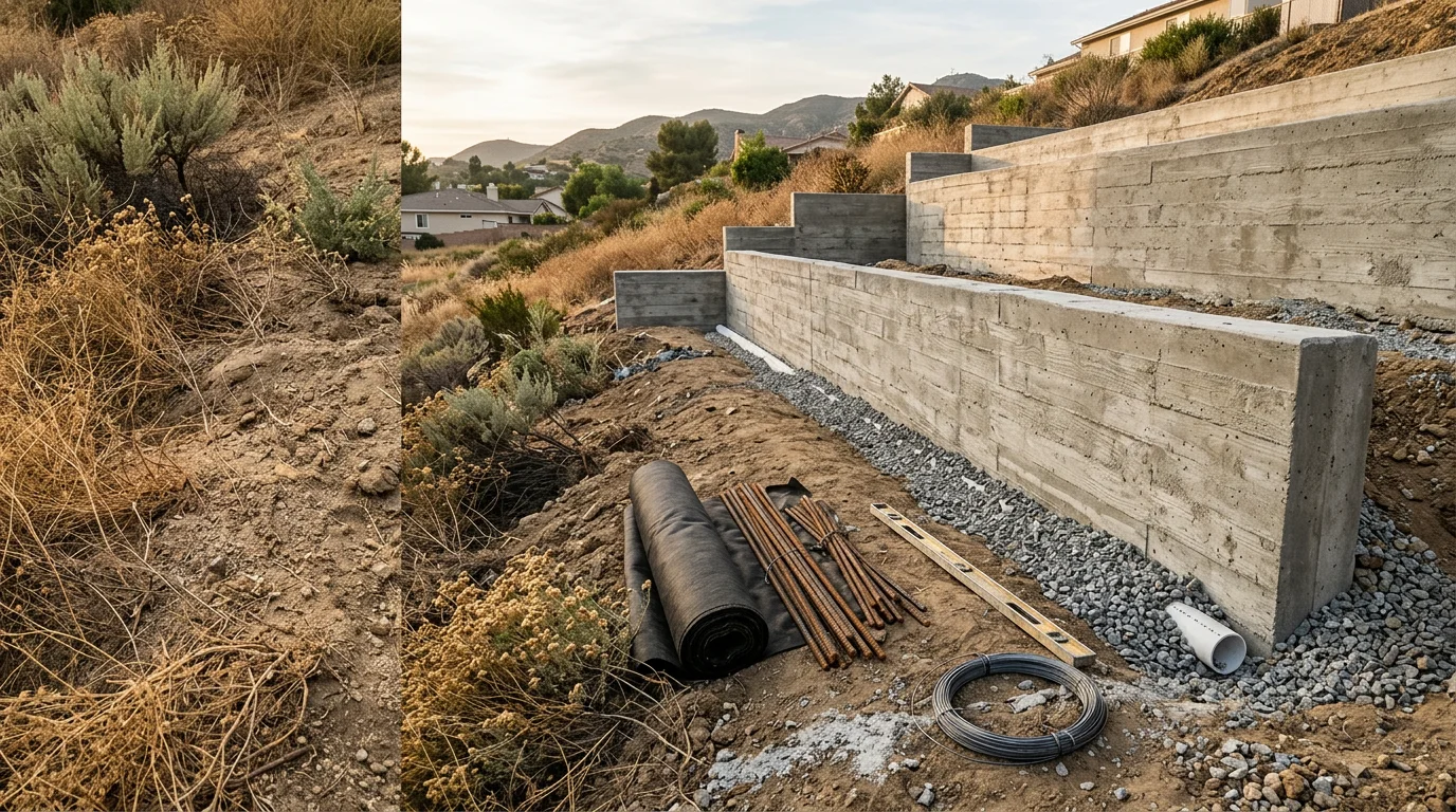 A finished masonry retaining wall holding back a sloped residential yard in Montclair, California, with clean block coursing and a level patio area created behind it. The wall shows reinforced construction suited to the Inland Empire's expansive soil conditions.